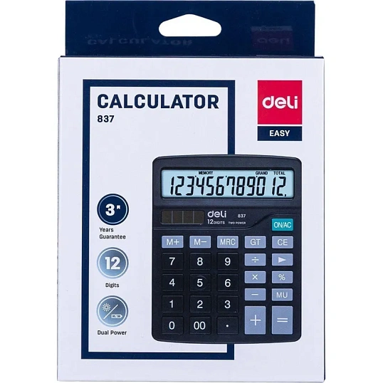 Калькулятор настольный КОМП. Deli E837, 12-р, дв.пит., 148x120мм, черный