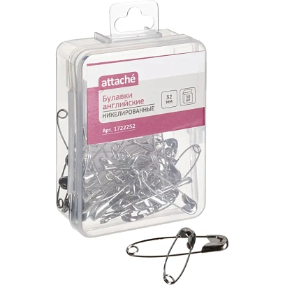 Булавки английские Attache, 32 мм, никелир.,50 шт/уп,пласт.коробка,европодв