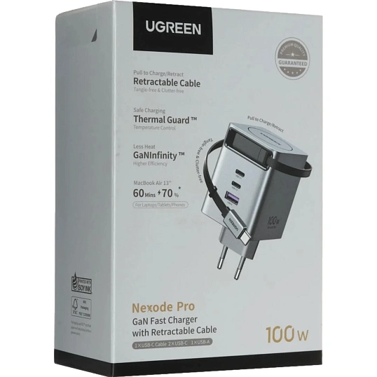 Зарядное устройство UGREEN X616 (65828),выдв каб,100W GaN,USB-C&A,сер косм