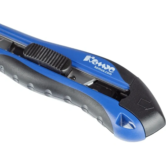 Нож канцелярский 18 мм КОМУС, с фиксатором,мет.направл, синий +5 зап лезвий