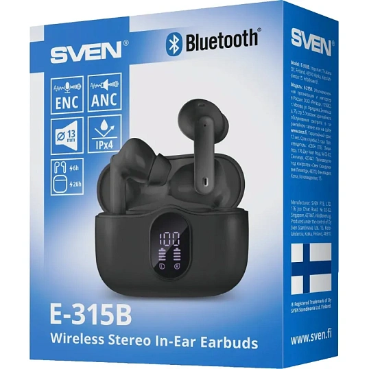 Наушники Sven E-315B, черный, Bluetooth, TWS, ANC, ENC