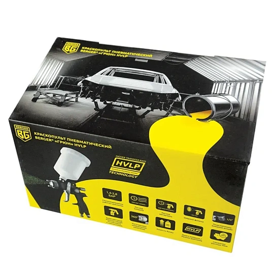 Краскопульт пневматический BERGER 'ГРЮН' HVLP, 1.3мм, 0,6л, в/б (BG1376)