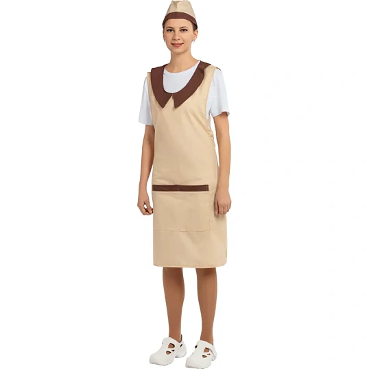 Фартук сарафан Маркет Профи с пилоткой всеразмерный цв. беж/шок