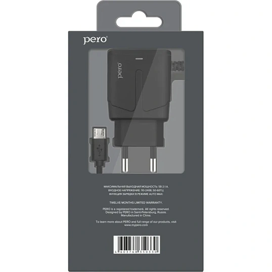 Зарядное устройство сетевое PERO TC04 1USB 2.1A + MICRO-USB CABLE черный
