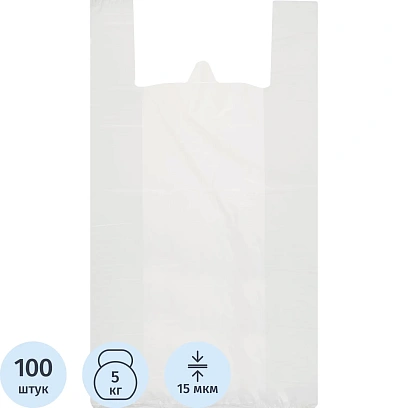 Пакет-майка ПНД 42+20х75 см, 15 мкм, белый, 100 шт./уп