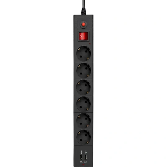 Сетевой фильтр Buro BU-SP1.8_USB_2A-B 1.8м (6 розеток) черный