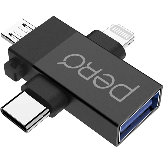 Адаптер PERO AD14 OTG LIGHTNING+USB-C+MICRO-USB TO USB 3.0, черный