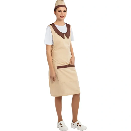 Фартук сарафан Маркет Профи с пилоткой всеразмерный цв. беж/шок