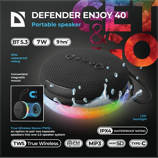 Портативная акустика Defender Enjoy 40, 7Вт, Magnet/BT/IPX4/FM/TF/TWS