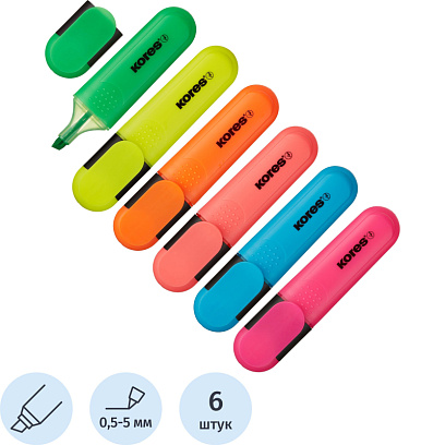 Набор текстовыделителей Kores BRIGHT LINER PLUS,ск нак,0,5-5мм,6цв