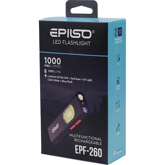 Фонарь EPILSO EPF-260 (карманный, Luminus SST20 10W + COB + Laser, аккум)