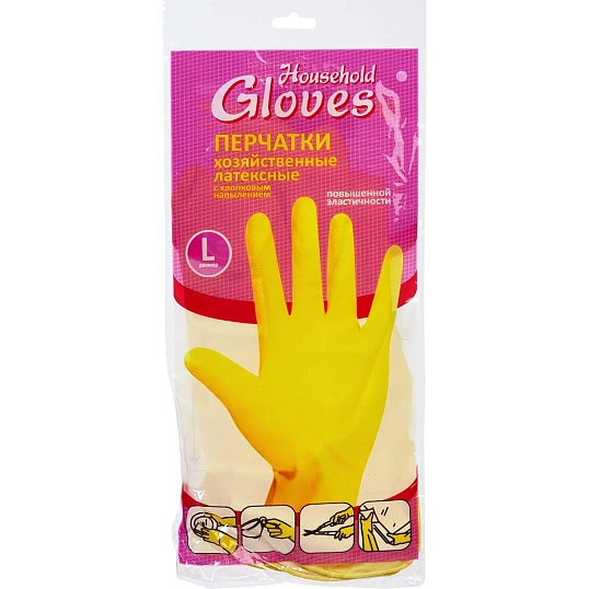 Перчатки резиновые латекс хлопковое напыление желтый р-р L ЭКОНОМ 12пар/уп