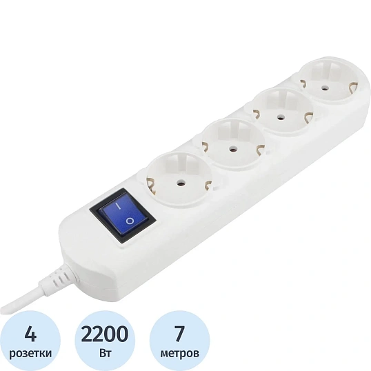Удлинитель Power Cube 4р/7м с/з с выкл 10А бел (PC-4B-7M)