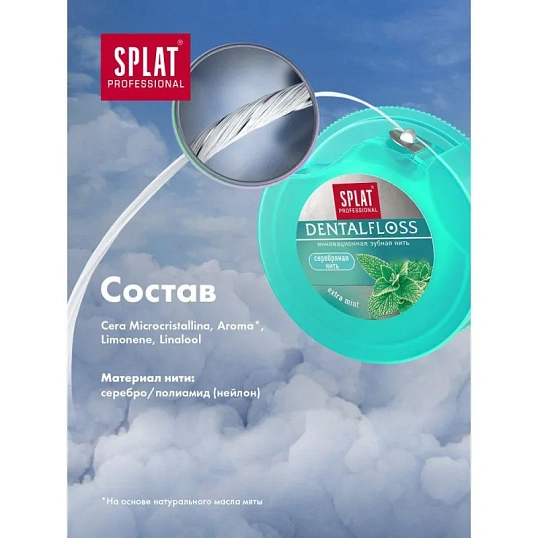 Зубная нить SPLAT DentalFloss мятная тонкая с волокнами серебра