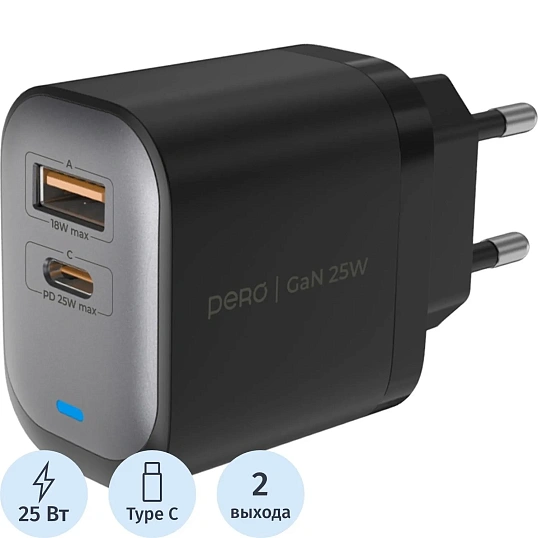 Зарядное устройство сет. PERO TC25 ULTIMATE GAN USB-A + USB-C, 25W черный