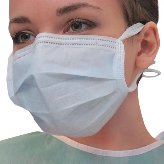 Маска мед трехслойная на завязках голубая, 50шт/уп  Гекса