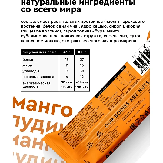 Батончик протеиновый R.A.W.life Манго пудинг 2026, 46гx15шт/уп