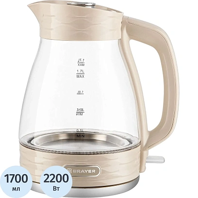 Чайник Brayer 1066BR ,2200 Вт, 1,7 л, стекл.корпус, автооткл