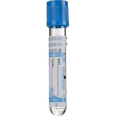 Вакуумные пробирки с Na цитрат 3,8% 1,8мл, 13х75мм, KOMETALINE 100шт/уп