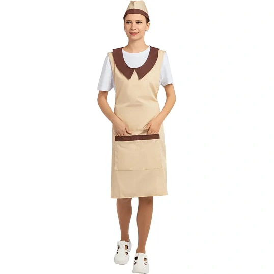 Фартук сарафан Маркет Профи с пилоткой всеразмерный цв. беж/шок