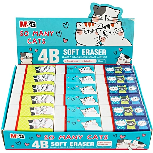 Ластик прямоугольный M&G So Many Cats, 43x18x12 мм, ПВХ, белый, уп ассорти