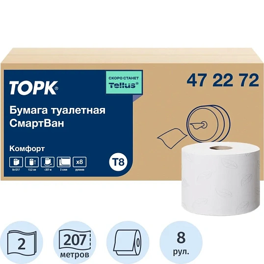 Бумага туалетная д/дисп Торк/Tellus СмартВан Т8 рул с ЦВ 2сл 8рул/уп 472272
