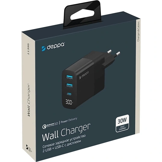 Зарядное устройство сетевое Deppa 2хUSB A+USB-C, PD, QC 3.0, 30W, черный