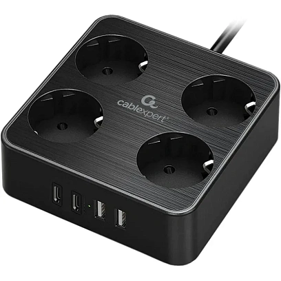 Сетевой фильтр Cablexpert Plate 4р/2м, 10А, 2xUSB, черный(PLT-4-C2U2-B-2)