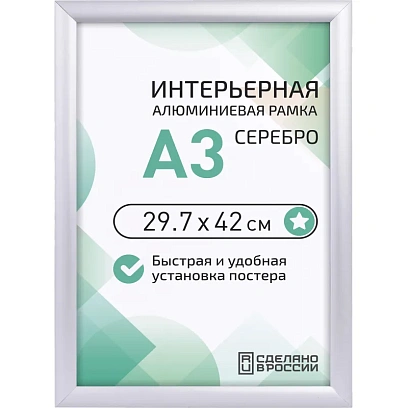 Рамка 297х420, серебро, метал., с клик профилем, ПЭТ стекло, 2011_03_72_045
