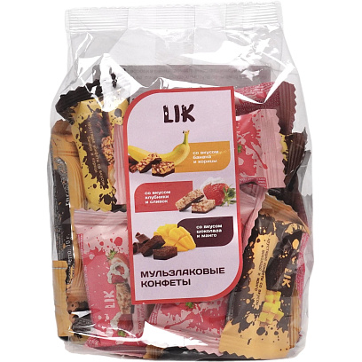 Конфеты мультизлаковые LIK ас в глазур(клуб/слив, шок/манг, бан/кориц),250г