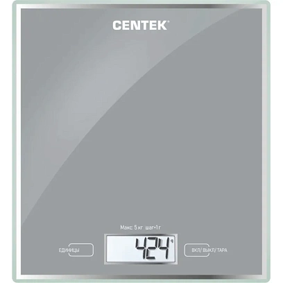 Весы Centek CT-2462 LCD,кухонные,190х200 мм, max 5кг, шаг 1г,серебристый