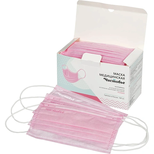 Маска медицинская 3-х сл., резинка, розовая, картон 100шт/уп