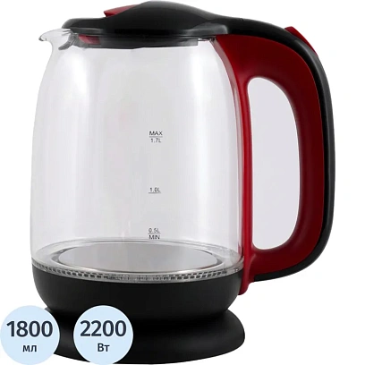 Чайник Centek CT-0034, 1.8л, 2200Вт, LED подсветка, кнопка,черный,стекло