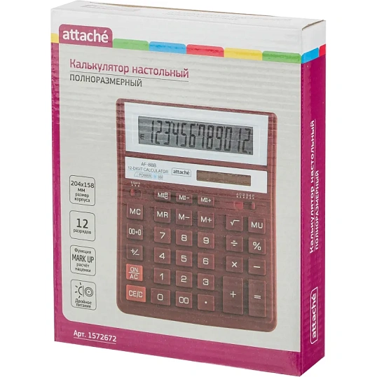 Калькулятор настольный ПОЛН.Attache AF-888,12р,дв.пит,204x158мм, темно-крас