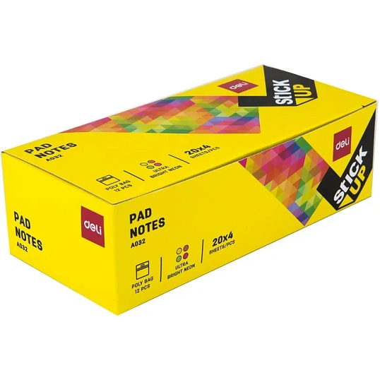 Стикеры с клеевым краем Deli 76х76 мм,20 листов,неон-е,форма в асс-те      