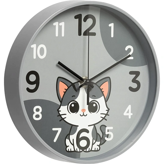 Часы настенные Котик d195мм, круг, корпус серый 2019-009