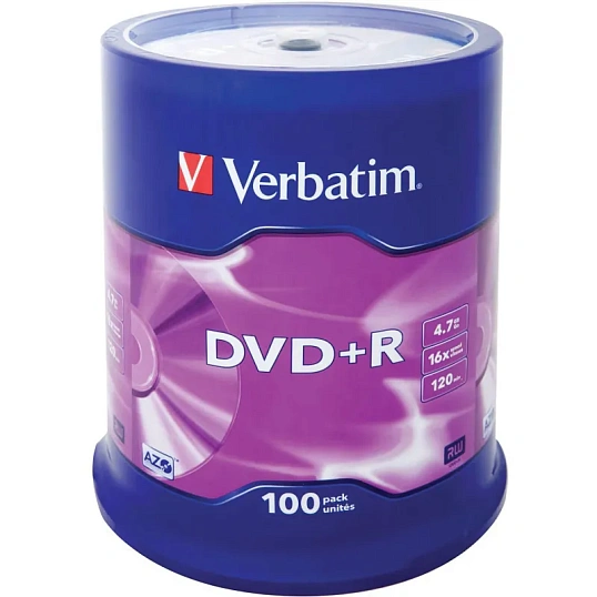 Носители информации DVD+R, 16x, Verbatim Azo Matt Silver, Cake/100, 43551