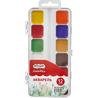 Краски акварельные Комус Класс ColorPics набор 12 цв б/кисти пластик