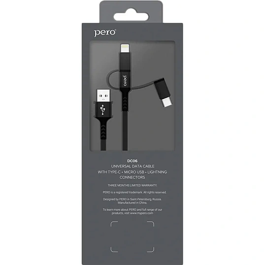 Кабель USB PERO DC-06 3 in 1 (Lightning/micro USB/Type-C), 3А, 1м, черный