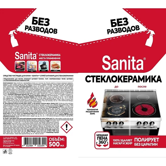 Средство для чистки плит SANITA спрей Антижир для стеклокерамики, 500 мл