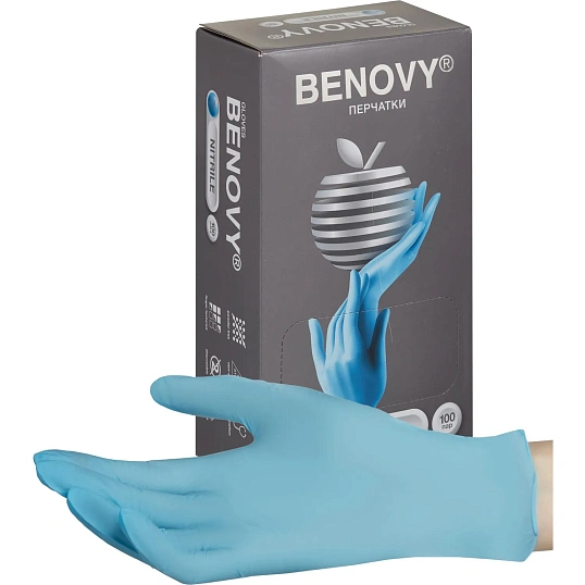 Перчатки нитрил., нестер., н/о, голубой Benovy (L) 100пар/уп