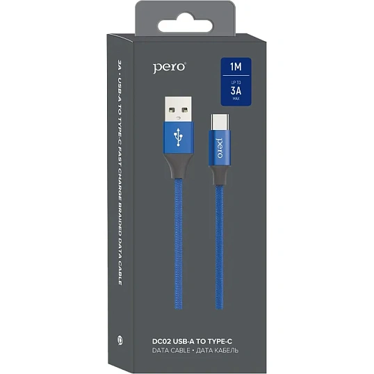 Кабель USB PERO DC-02 Type-C, 3А, 1м, синий