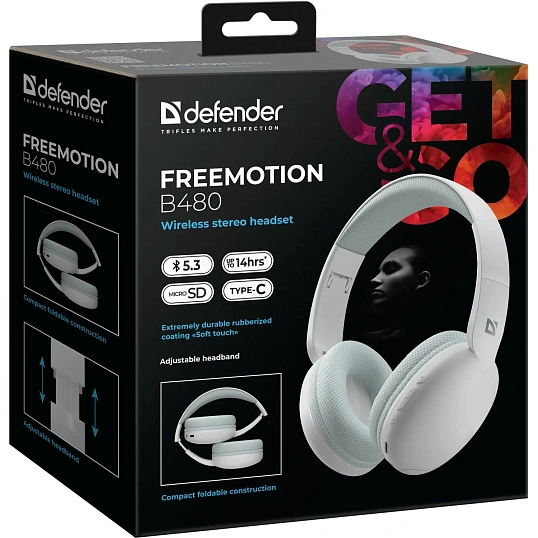 Наушники Defender FreeMotion B480 белый, микрофон, Bluetooth