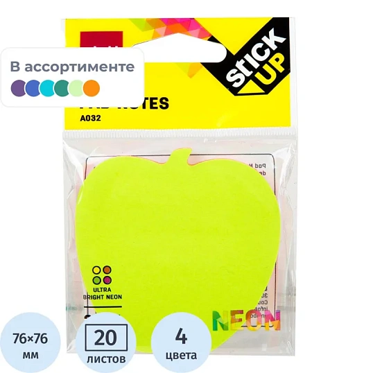Стикеры с клеевым краем Deli 76х76 мм,20 листов,неон-е,форма в асс-те      