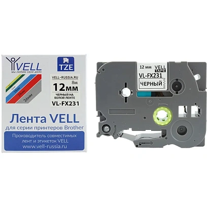 Картридж VL-FX231 Vell (Brother TZE-FX231, 12 мм, черный на белом) для PT