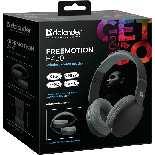 Наушники Defender FreeMotion B480 черный, микрофон, Bluetooth