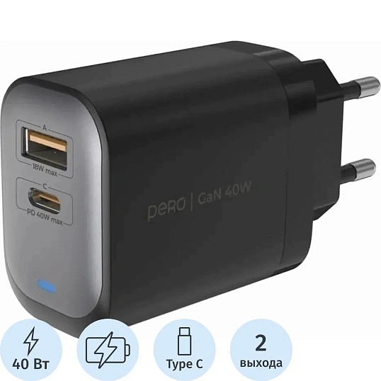 Зарядное устройство сет. PERO TC28 ULTIMATE GAN USB-A + USB-C, 40W черный