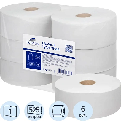 Бумага туалетная д/дисп Luscan Professional 1слнатур вторвтул525м 6рул/уп