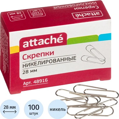Скрепки Attache никелированные, 28 мм, негофрированные, 100 шт/уп