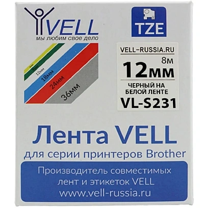 Картридж (лента) Vell VL-S231(BrotherTZE-S231,12мм,ч/б)дляPT 1010/1280/D200